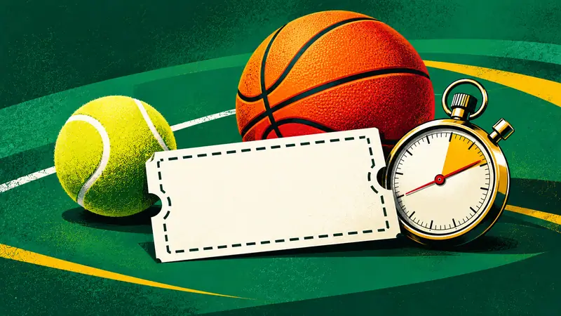 Cupón en blanco con borde punteado junto a una pelota de tenis, un balón de baloncesto y un cronómetro