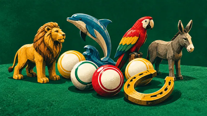 Figuras de animalitos de madera sobre un tapete verde junto a bolas de lotería y una herradura