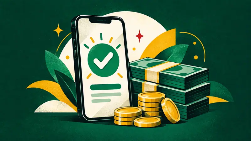 Teléfono con una pantalla de pago confirmado junto a billetes y monedas lisos