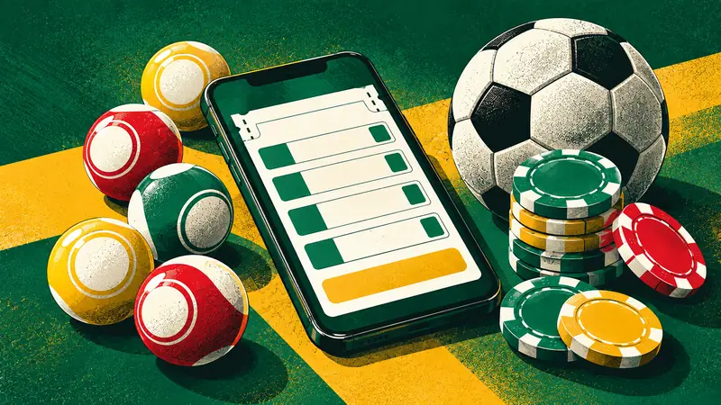 Teléfono con un boleto de apuestas vacío en la pantalla, rodeado de bolas de lotería, un balón y fichas