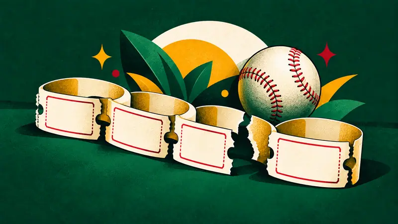 Cadena de cuatro boletos de papel enlazados, con un eslabón roto, junto a una pelota de béisbol