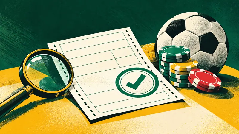 Boleto de apuestas en blanco con un sello verde de verificación, una lupa, fichas de casino y un balón