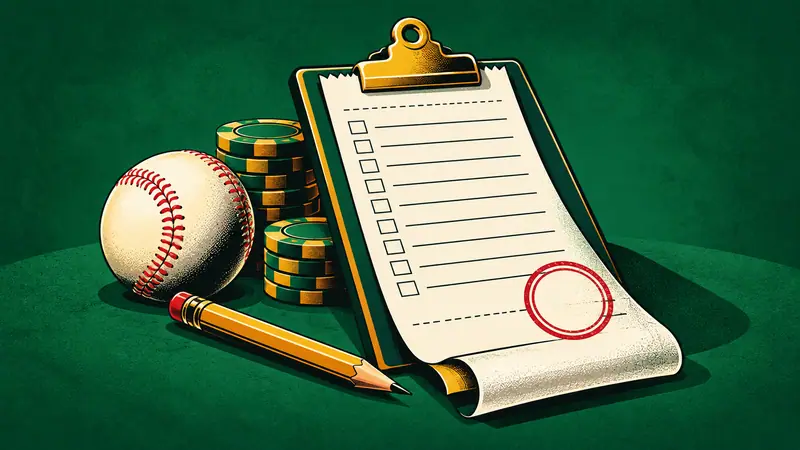 Boleto de parley largo con un sello redondo, sujeto a una tablilla junto a una pelota de béisbol y un lápiz
